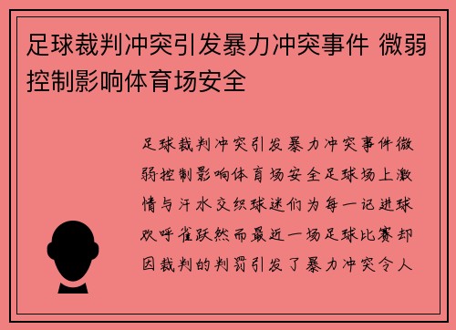 足球裁判冲突引发暴力冲突事件 微弱控制影响体育场安全